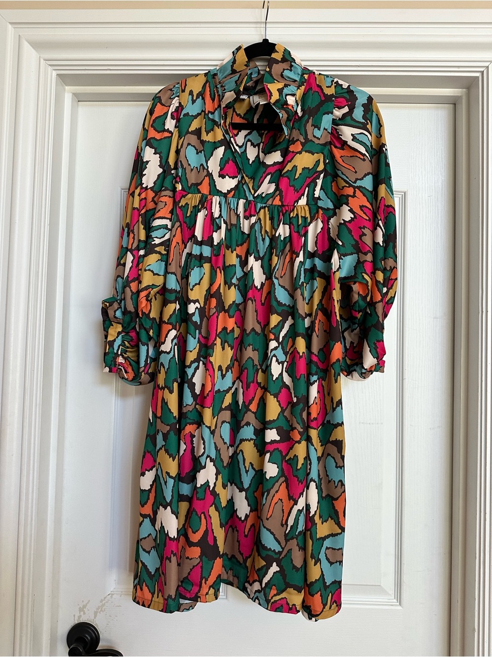 Abstract Multicolor Mini Dress with Collared Neck